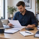 Entrepreneur vérifiant ses factures à son bureau avec un ordinateur portable et une calculatrice.