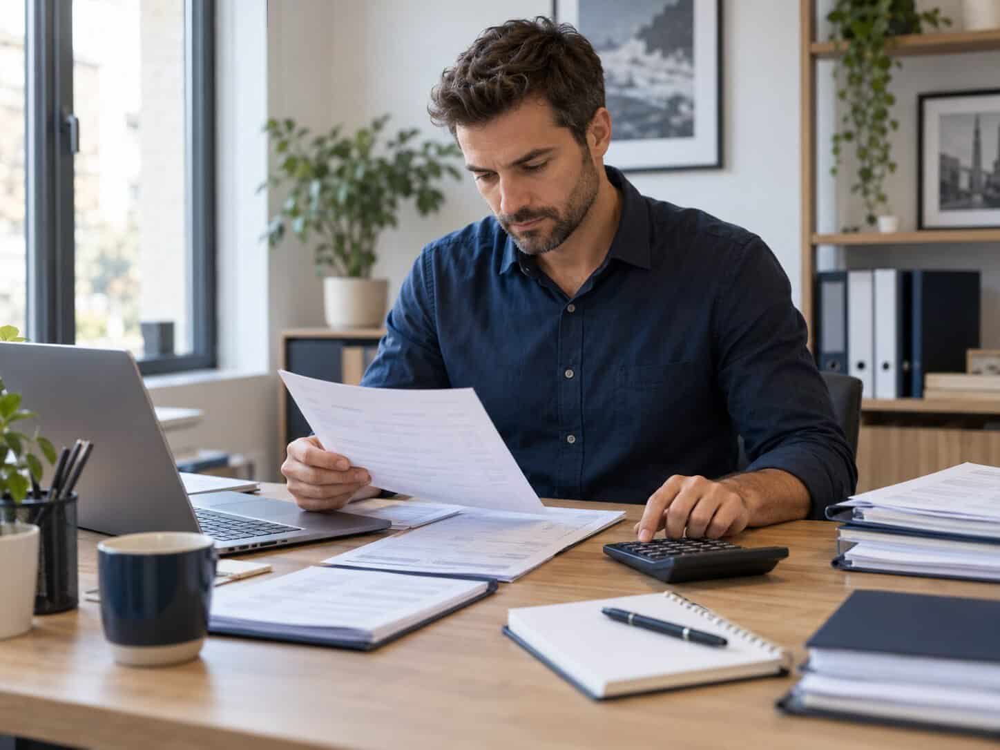Entrepreneur vérifiant ses factures à son bureau avec un ordinateur portable et une calculatrice.