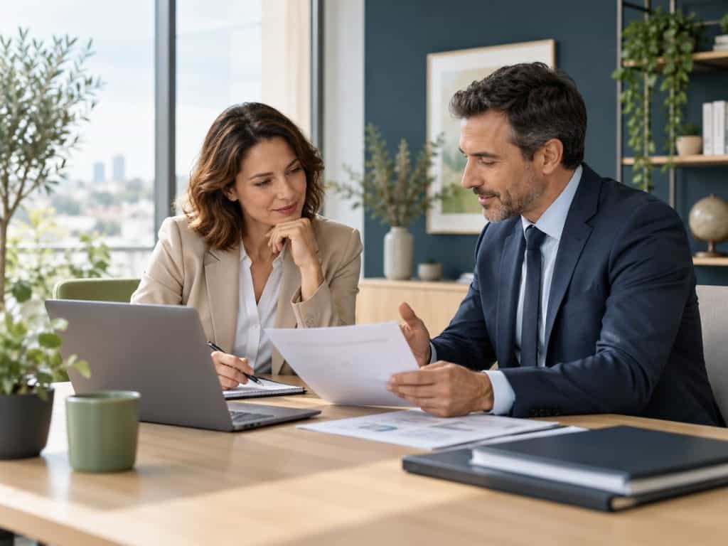 Dirigeante échangeant avec un courtier en assurance dans un bureau