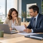 Dirigeante échangeant avec un courtier en assurance dans un bureau